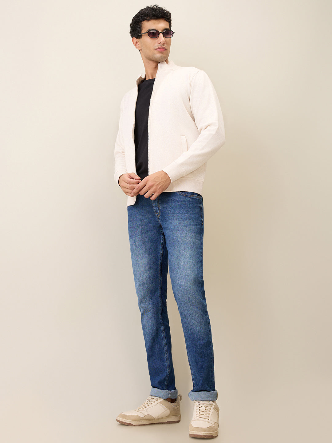 Parx Men White Solid Regular Fit Cotton Blend Full Sleeve High Neck Collar Sweatshirt