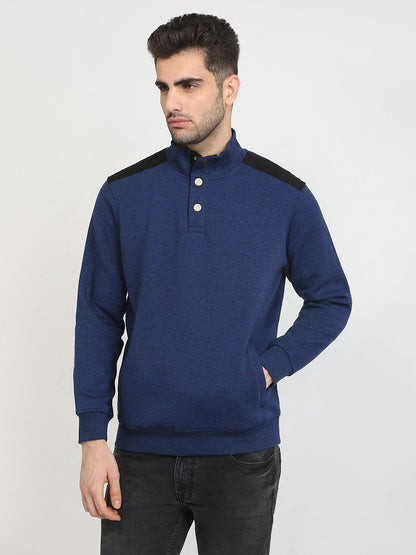 Parx Men Blue Solid Regular Fit Cotton Blend Full Sleeve High Neck Collar Sweatshirt