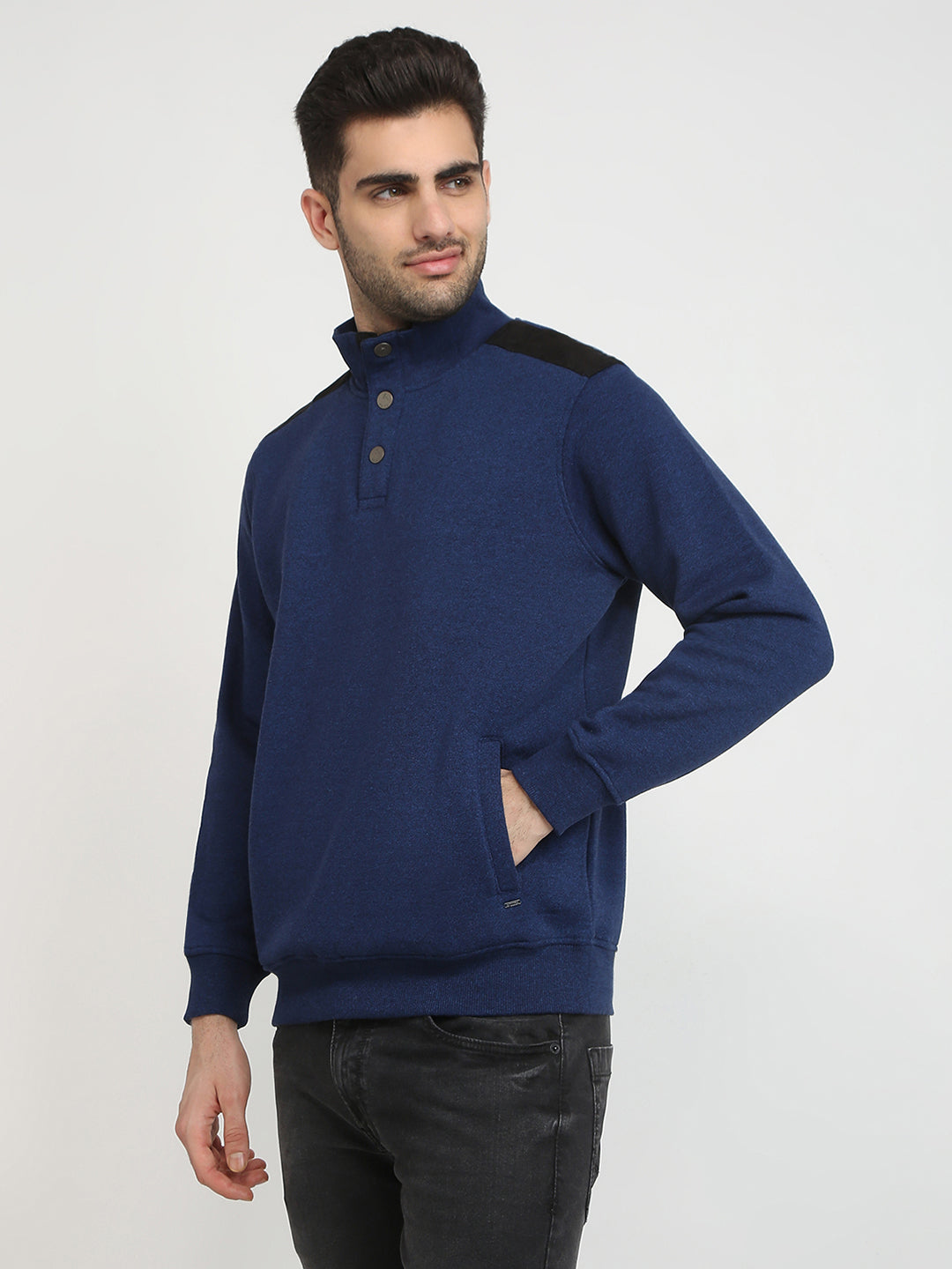 Parx Men Blue Solid Regular Fit Cotton Blend Full Sleeve High Neck Collar Sweatshirt