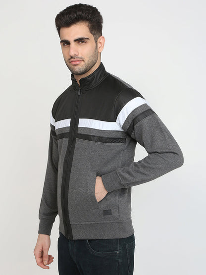 Parx Men Grey Cut & Sew Regular Fit Cotton Blend Full Sleeve High Neck Collar Sweatshirt