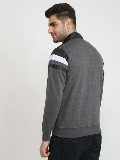 Parx Men Grey Cut & Sew Regular Fit Cotton Blend Full Sleeve High Neck Collar Sweatshirt