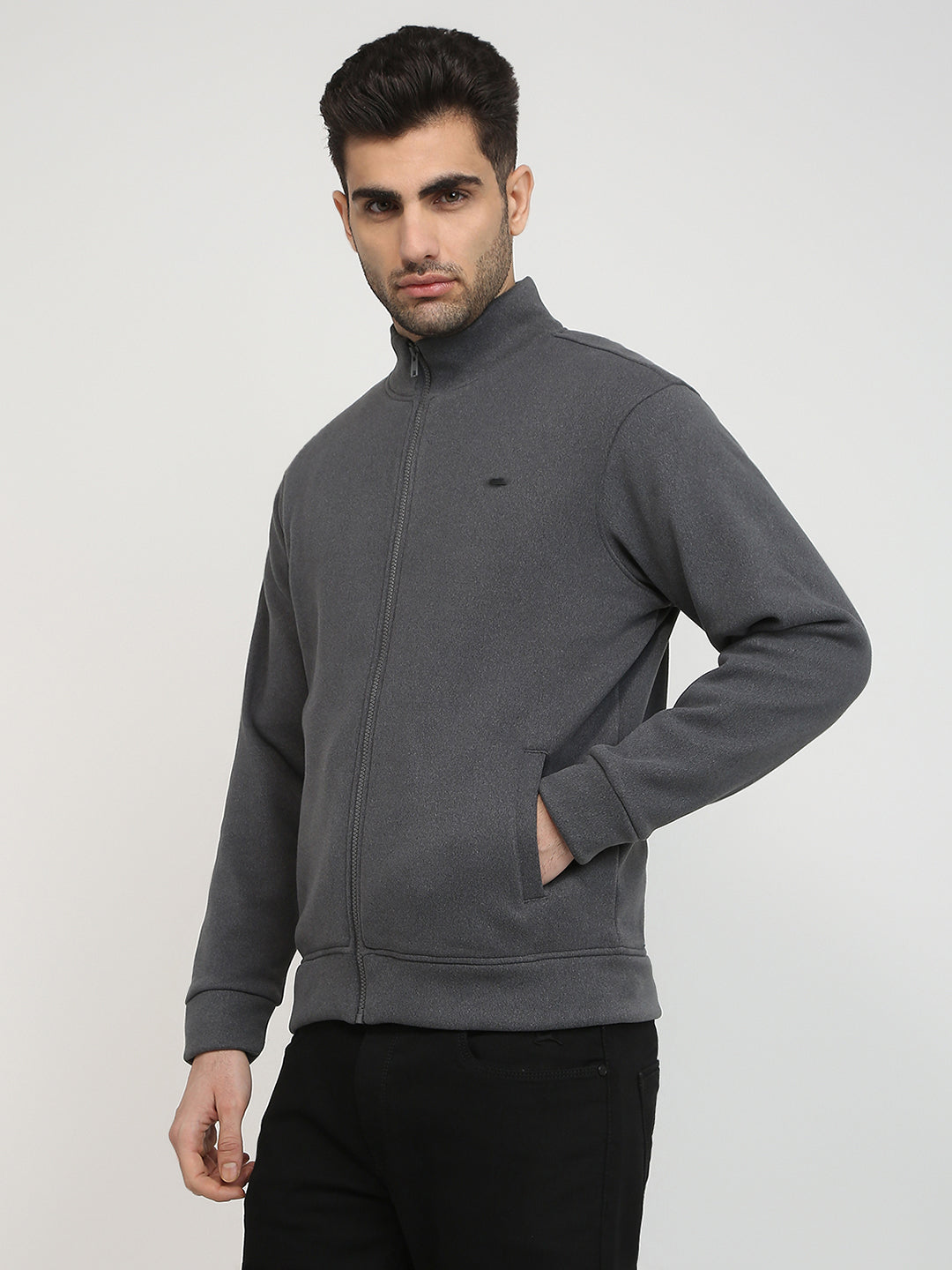 Parx Men Grey Solid Regular Fit Polyester Blend Full Sleeve High Neck Collar Sweatshirt