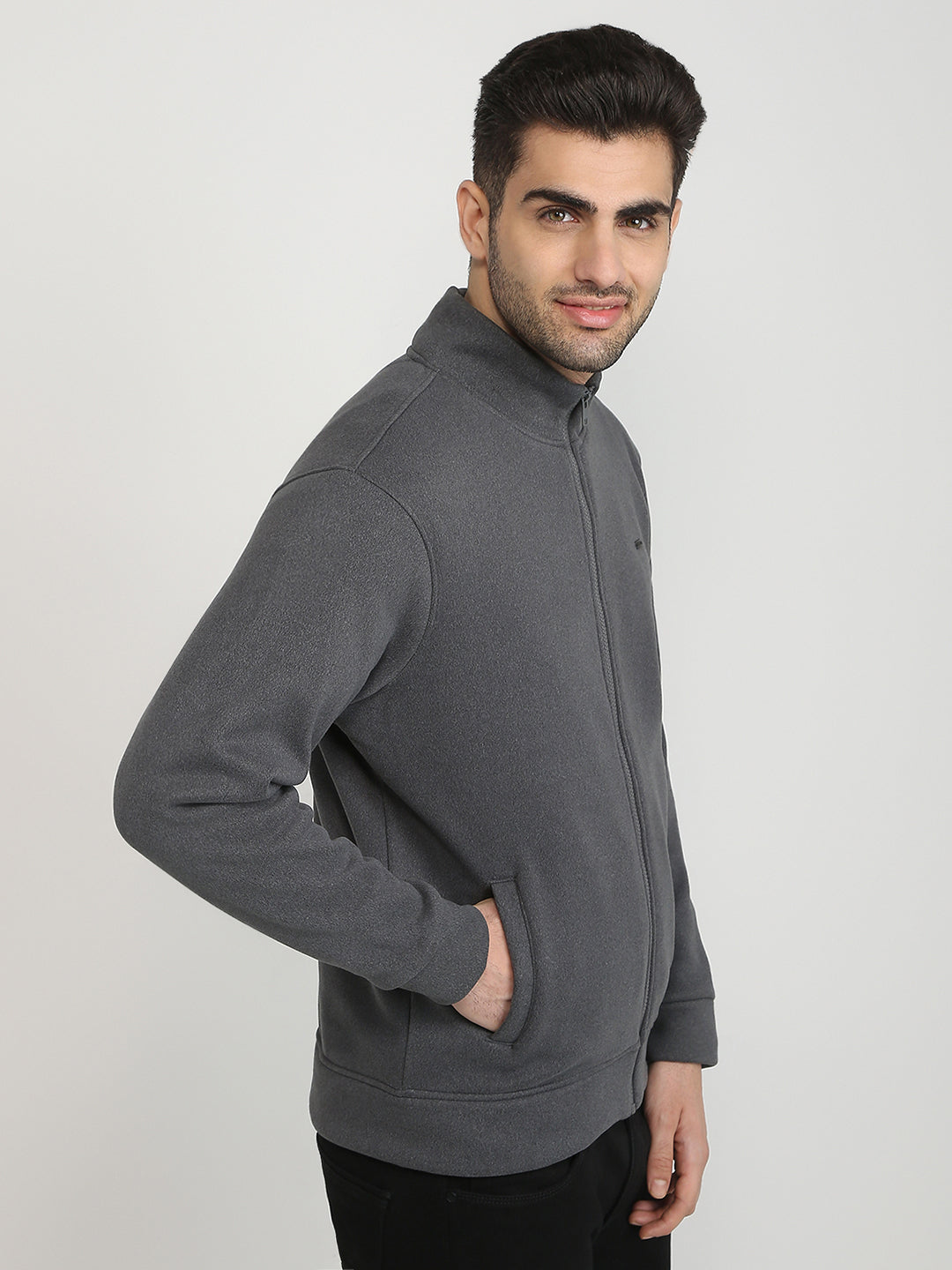 Parx Men Grey Solid Regular Fit Polyester Blend Full Sleeve High Neck Collar Sweatshirt