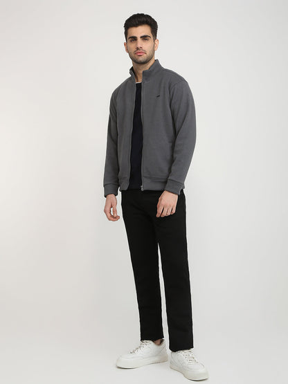 Parx Men Grey Solid Regular Fit Polyester Blend Full Sleeve High Neck Collar Sweatshirt