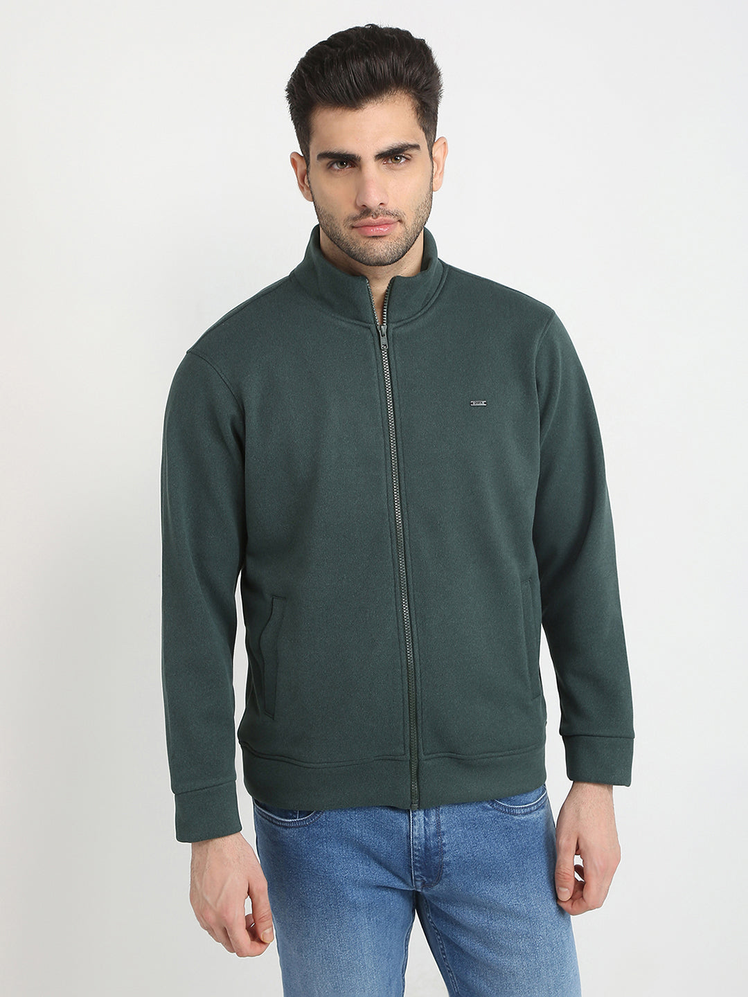 Parx Men Green Solid Regular Fit Polyester Blend Full Sleeve High Neck Collar Sweatshirt