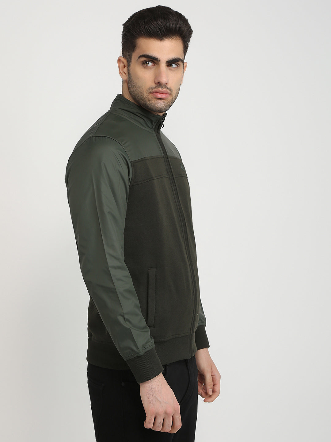 Parx Men Green Cut & Sew Regular Fit Cotton Blend Full Sleeve High Neck Collar Sweatshirt