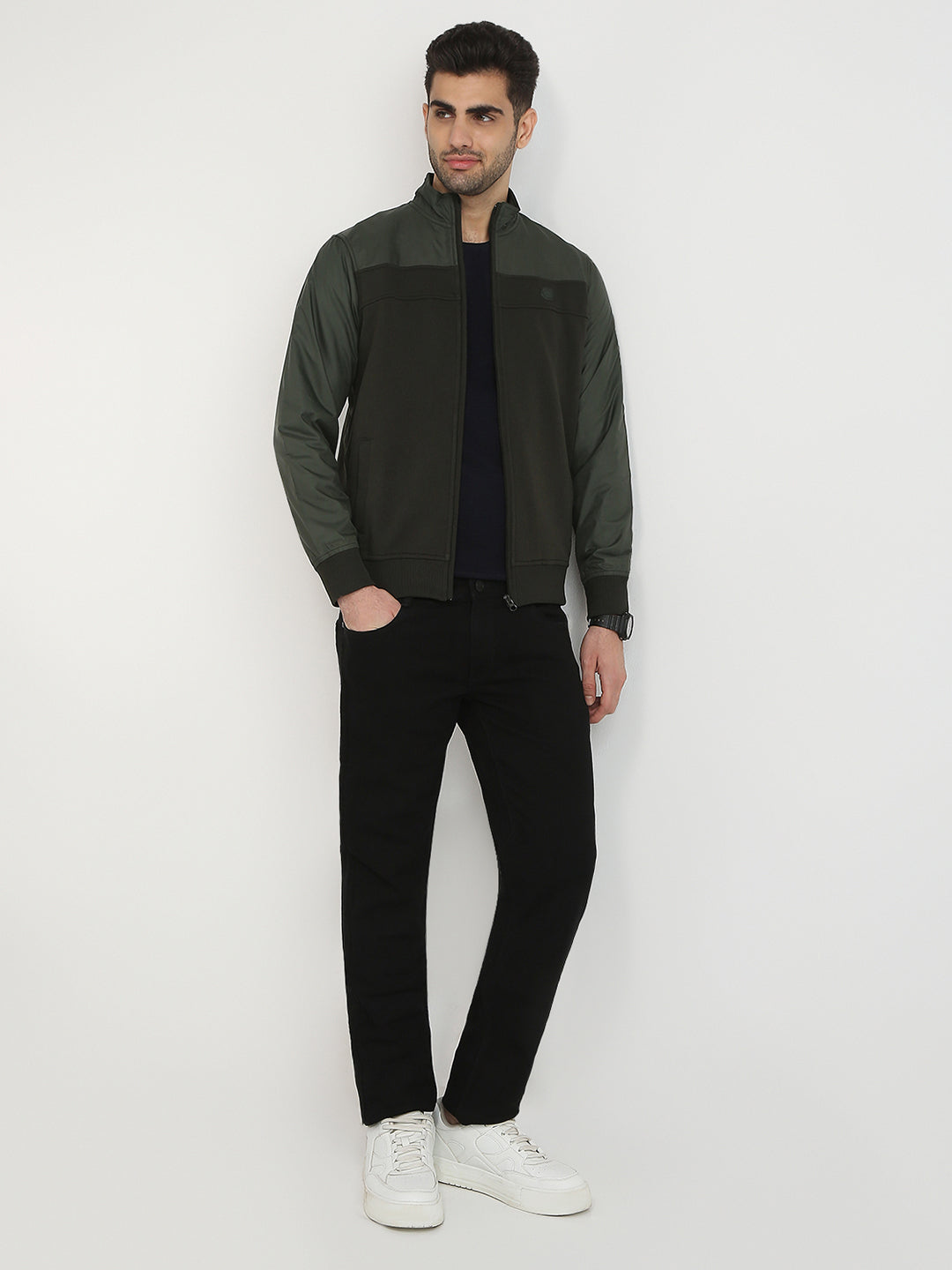 Parx Men Green Cut & Sew Regular Fit Cotton Blend Full Sleeve High Neck Collar Sweatshirt