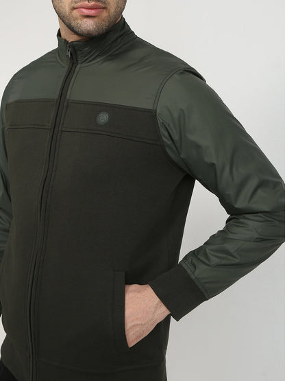 Parx Men Green Cut & Sew Regular Fit Cotton Blend Full Sleeve High Neck Collar Sweatshirt