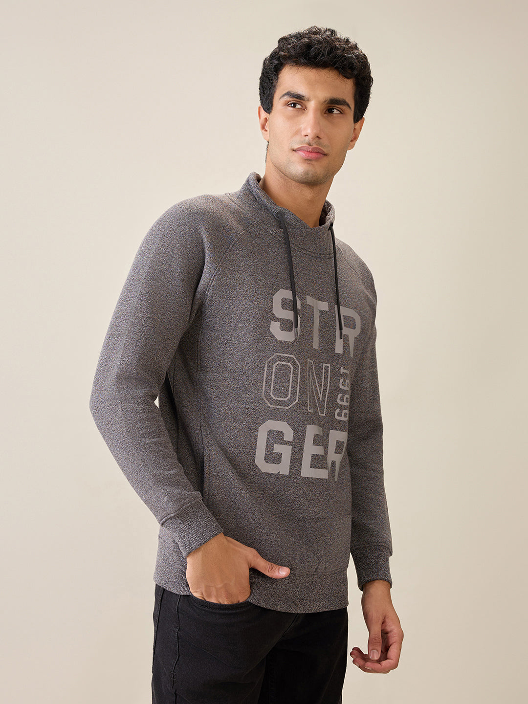 Parx Men Black Printed Regular Fit Cotton Blend Full Sleeve Cowl Neck Collar Sweatshirt