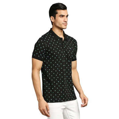 Men Black Regular Fit Print Cotton Round Neck Collar Polo T-Shirt