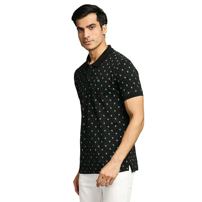Men Black Regular Fit Print Cotton Round Neck Collar Polo T-Shirt