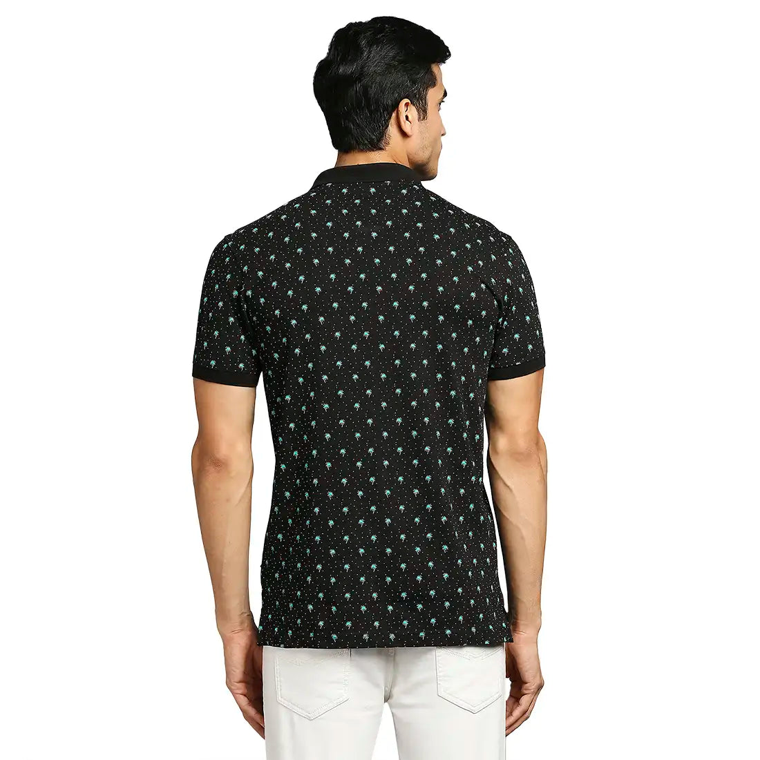 Men Black Regular Fit Print Cotton Round Neck Collar Polo T-Shirt