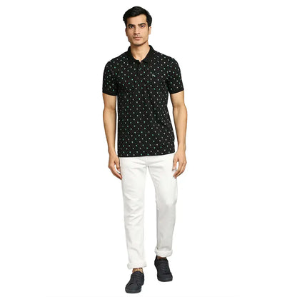 Men Black Regular Fit Print Cotton Round Neck Collar Polo T-Shirt