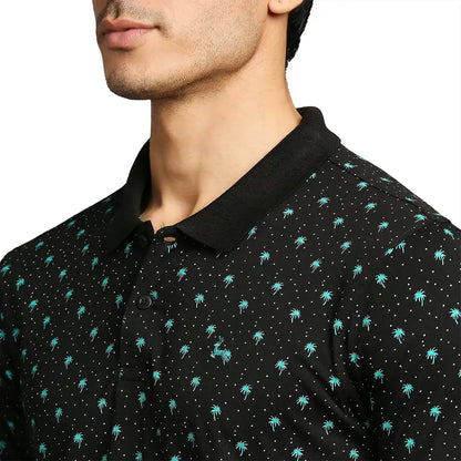 Men Black Regular Fit Print Cotton Round Neck Collar Polo T-Shirt