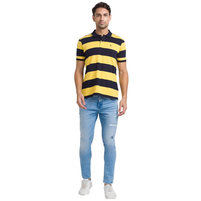 Men Yellow Regular Fit Yarn Dyed Cotton Round Neck Collar Polo T-Shirt