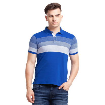 Men Blue Regular Fit Jacquard Cotton Round Neck Collar Polo T-Shirt
