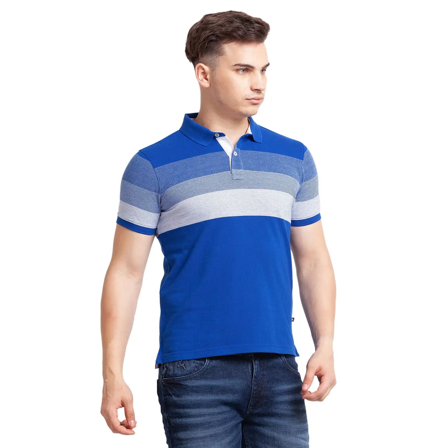 Men Blue Regular Fit Jacquard Cotton Round Neck Collar Polo T-Shirt