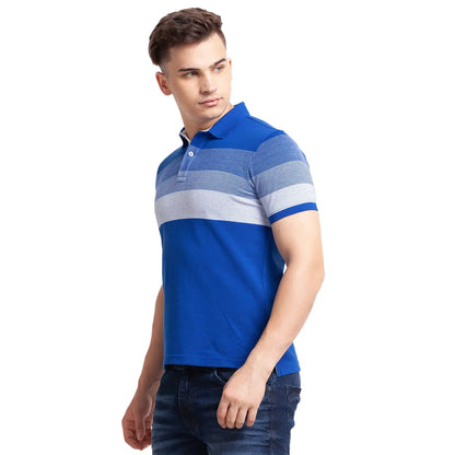 Men Blue Regular Fit Jacquard Cotton Round Neck Collar Polo T-Shirt