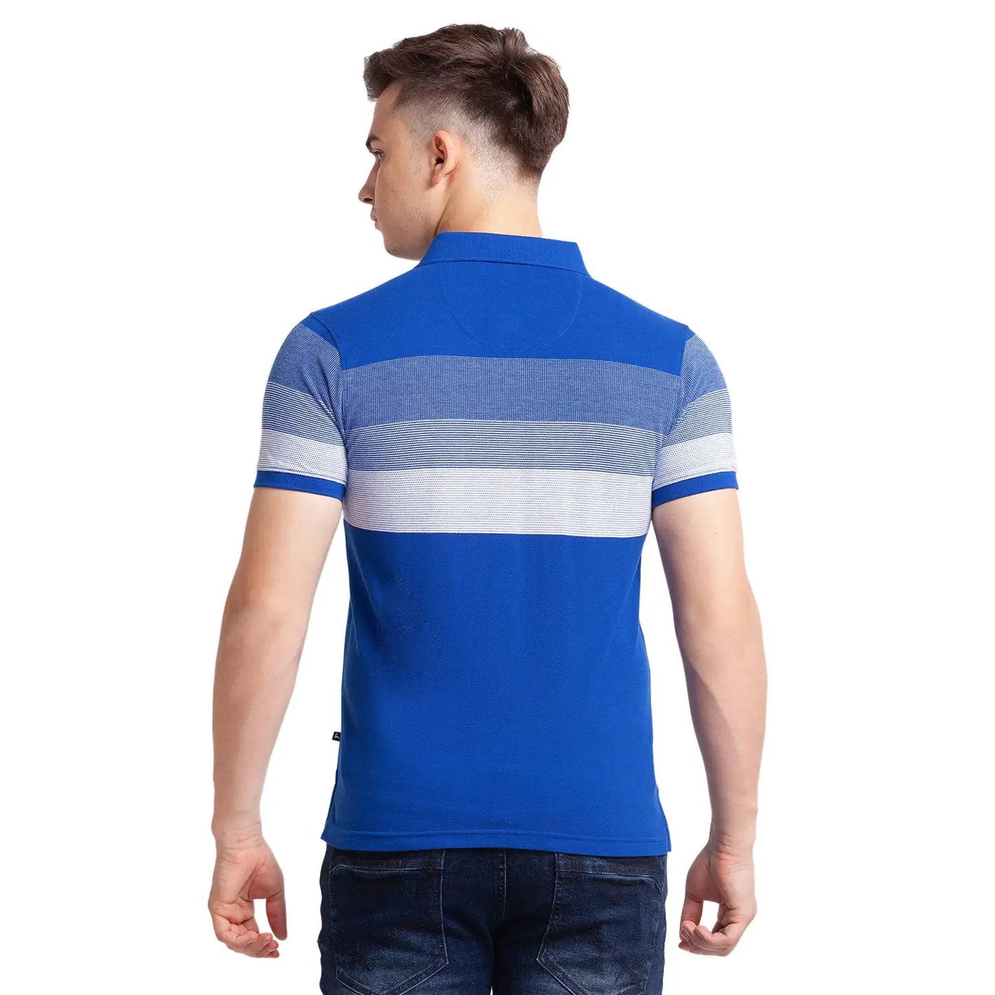 Men Blue Regular Fit Jacquard Cotton Round Neck Collar Polo T-Shirt