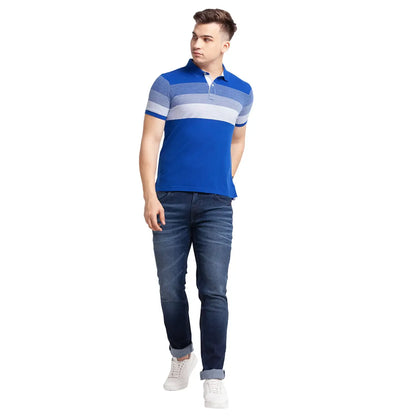 Men Blue Regular Fit Jacquard Cotton Round Neck Collar Polo T-Shirt