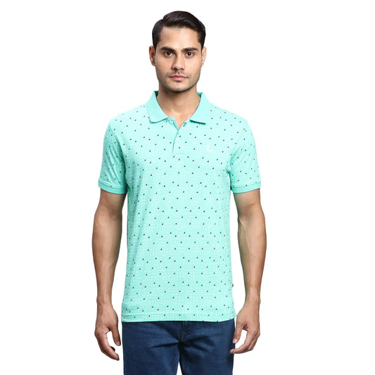 Men Green Regular Fit Print Cotton Round Neck Collar Polo T-Shirt