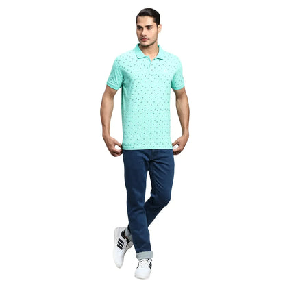 Men Green Regular Fit Print Cotton Round Neck Collar Polo T-Shirt