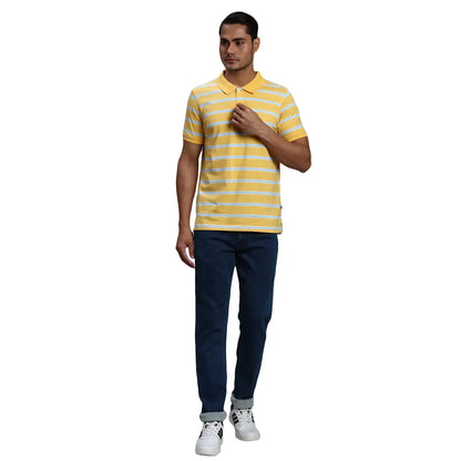 Men Yellow Regular Fit Yarn Dyed Cotton Round Neck Collar Polo T-Shirt