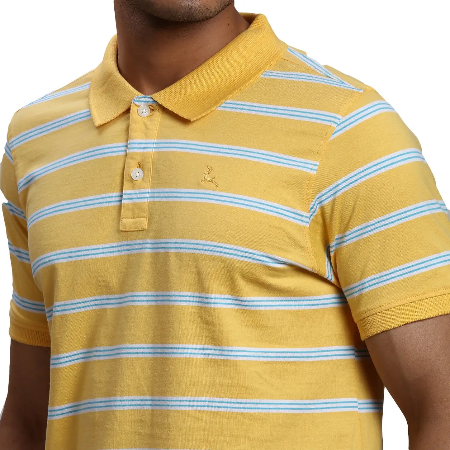 Men Yellow Regular Fit Yarn Dyed Cotton Round Neck Collar Polo T-Shirt