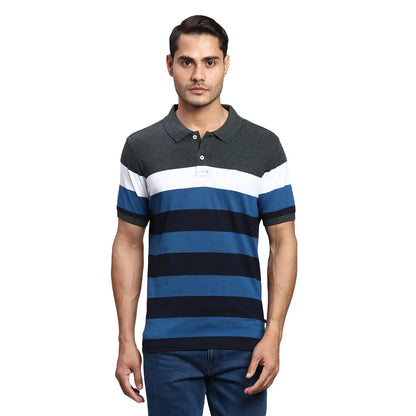 Men Grey Regular Fit Yarn Dyed Cotton Round Neck Collar Polo T-Shirt