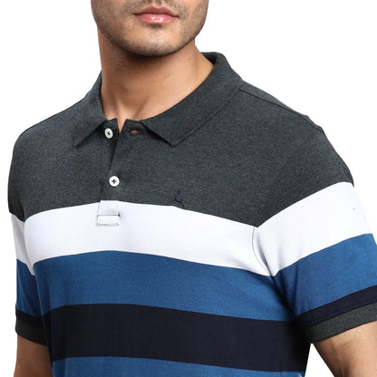 Men Grey Regular Fit Yarn Dyed Cotton Round Neck Collar Polo T-Shirt