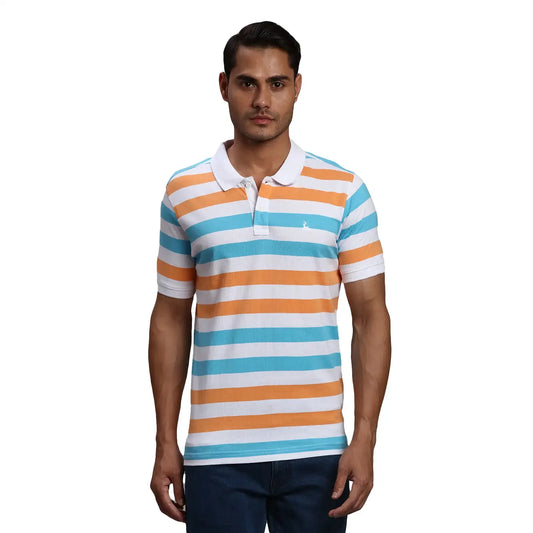 Men White Regular Fit Yarn Dyed Cotton Round Neck Collar Polo T-Shirt