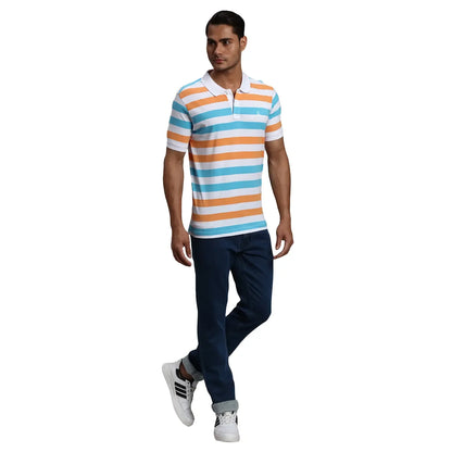 Men White Regular Fit Yarn Dyed Cotton Round Neck Collar Polo T-Shirt
