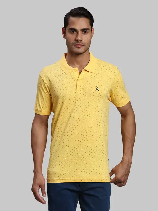 Men Yellow Regular Fit Print Cotton Round Neck Collar Polo T-Shirt