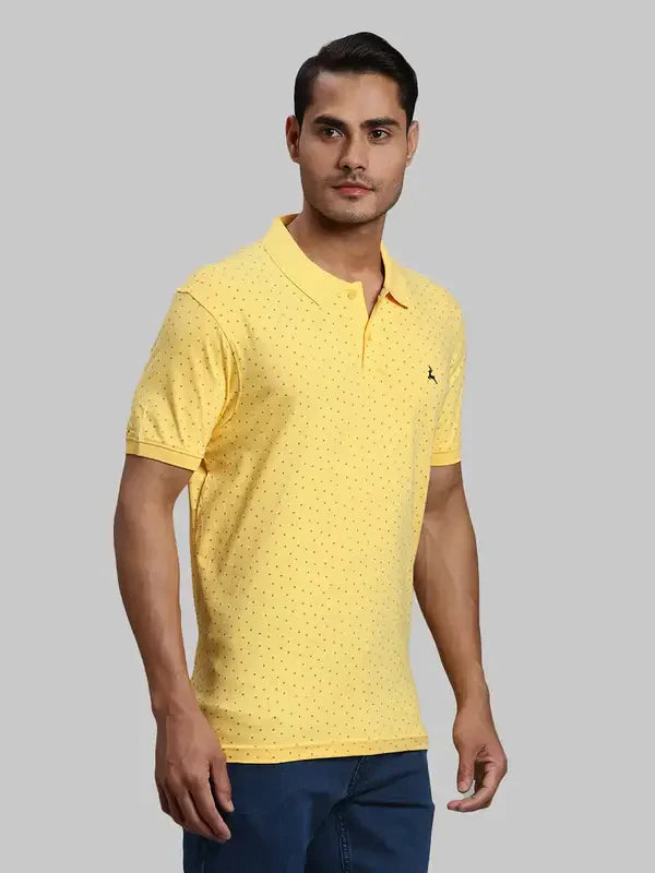 Men Yellow Regular Fit Print Cotton Round Neck Collar Polo T-Shirt
