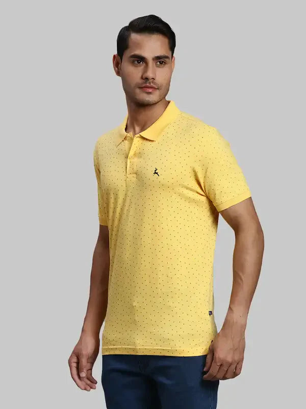 Men Yellow Regular Fit Print Cotton Round Neck Collar Polo T-Shirt