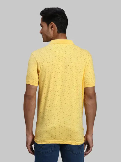 Men Yellow Regular Fit Print Cotton Round Neck Collar Polo T-Shirt