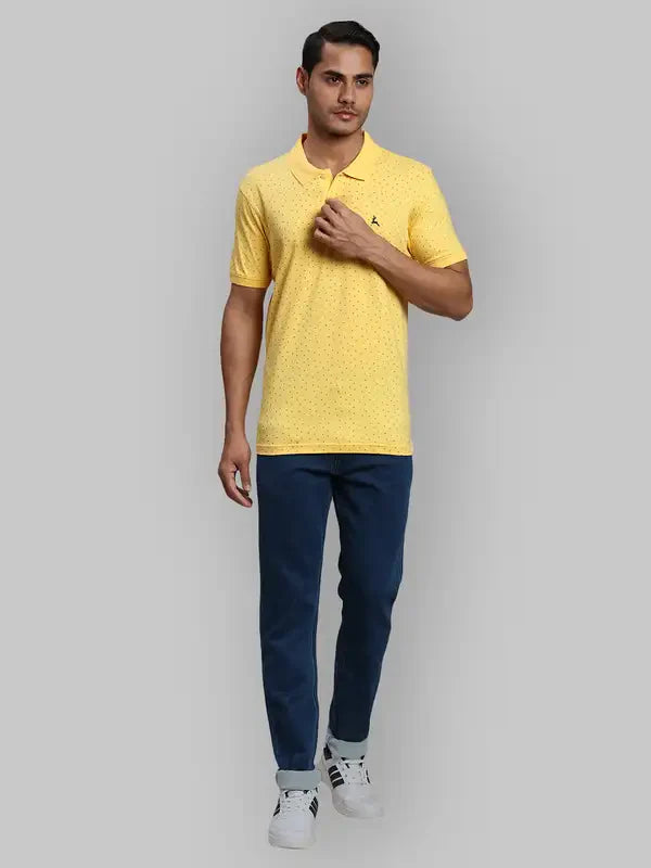 Men Yellow Regular Fit Print Cotton Round Neck Collar Polo T-Shirt