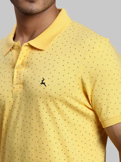 Men Yellow Regular Fit Print Cotton Round Neck Collar Polo T-Shirt