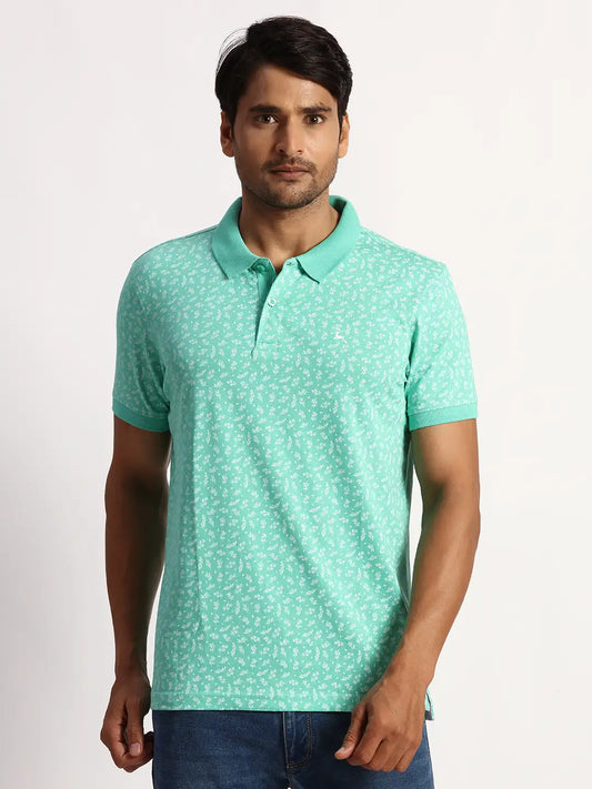 Men Green Regular Fit Print Cotton Round Neck Collar Polo T-Shirt