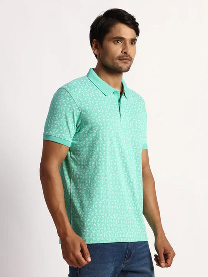 Men Green Regular Fit Print Cotton Round Neck Collar Polo T-Shirt