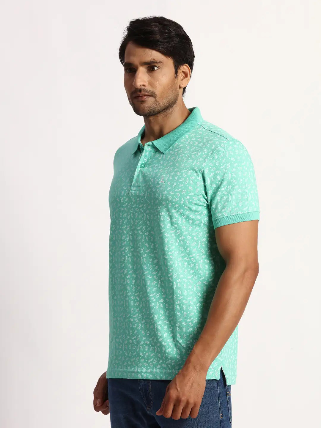 Men Green Regular Fit Print Cotton Round Neck Collar Polo T-Shirt