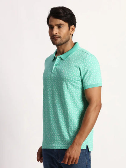 Men Green Regular Fit Print Cotton Round Neck Collar Polo T-Shirt