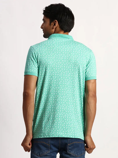Men Green Regular Fit Print Cotton Round Neck Collar Polo T-Shirt
