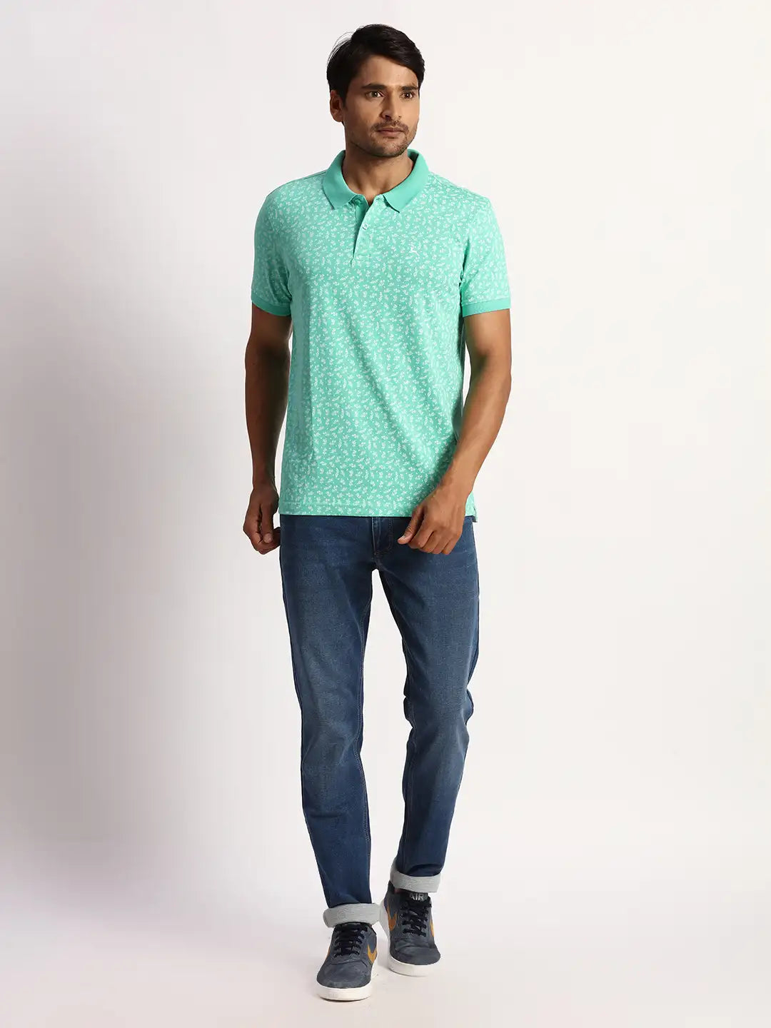Men Green Regular Fit Print Cotton Round Neck Collar Polo T-Shirt