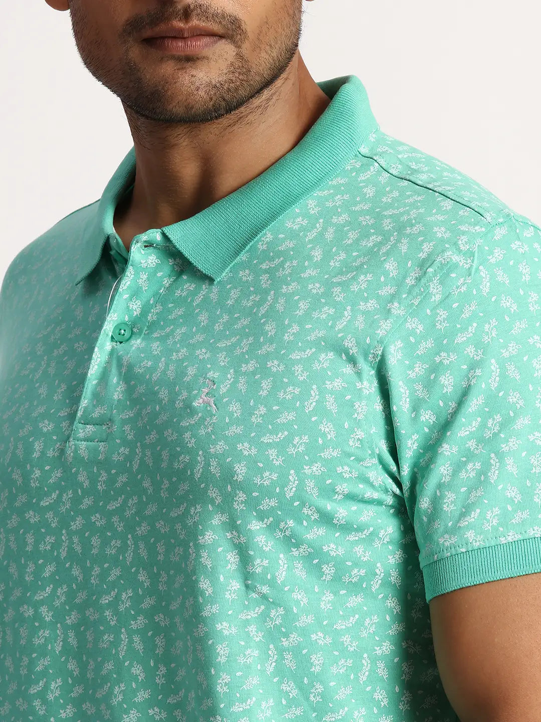 Men Green Regular Fit Print Cotton Round Neck Collar Polo T-Shirt