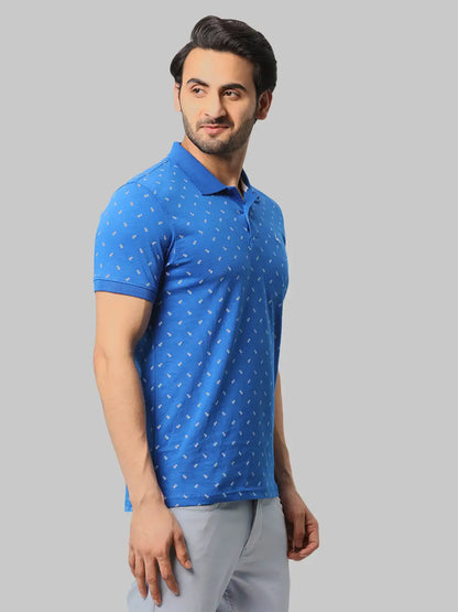 Men Blue Regular Fit Print Cotton Round Neck Collar Polo T-Shirt