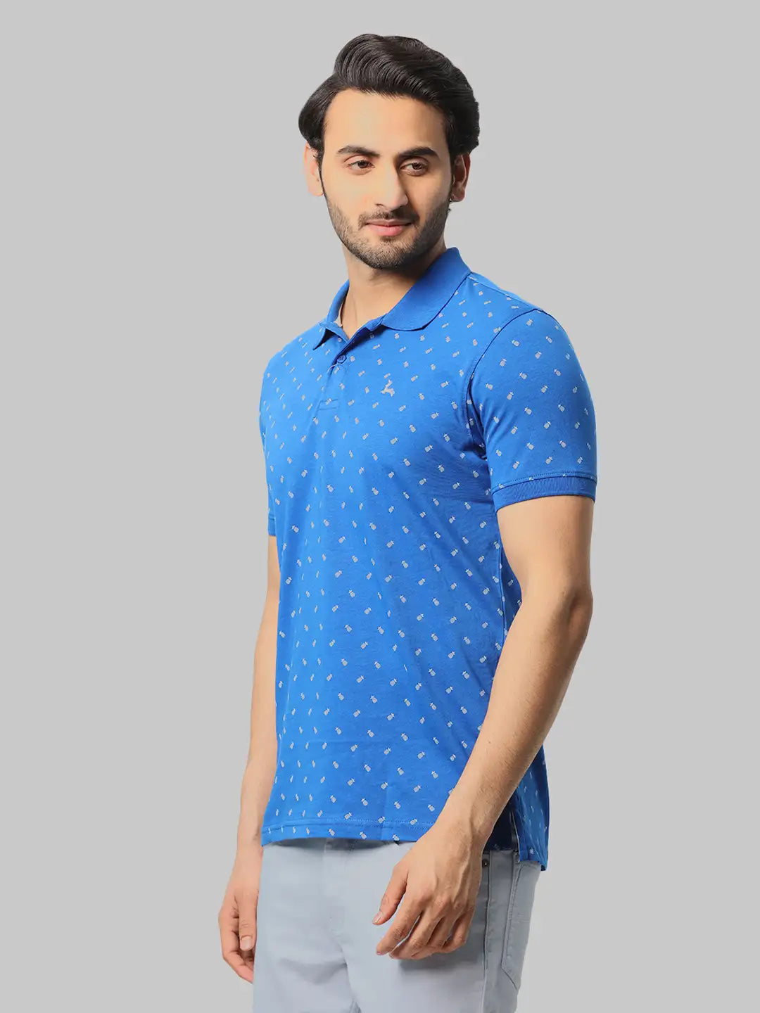 Men Blue Regular Fit Print Cotton Round Neck Collar Polo T-Shirt