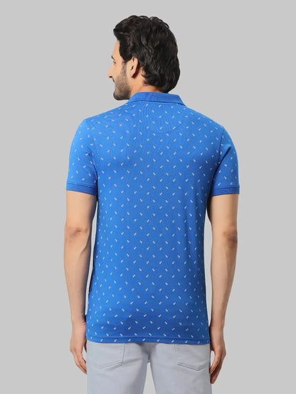 Men Blue Regular Fit Print Cotton Round Neck Collar Polo T-Shirt
