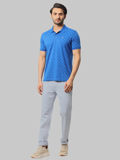 Men Blue Regular Fit Print Cotton Round Neck Collar Polo T-Shirt