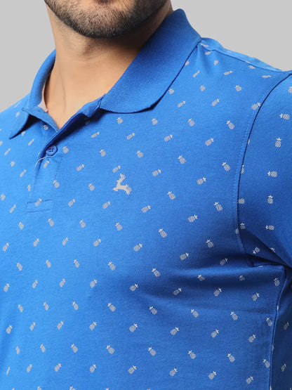 Men Blue Regular Fit Print Cotton Round Neck Collar Polo T-Shirt